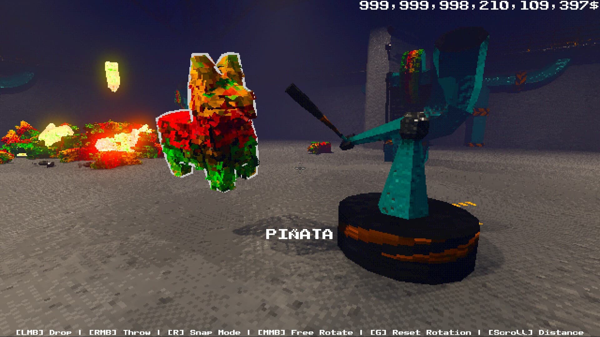 Official Project P.I.T.T. screenshot showing a piñata object and a physics tool in the facility.